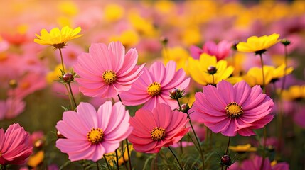 Obraz premium cosmos pink and yellow flowers