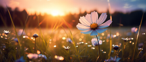 White Cosmos Flower in a Sunlit Field