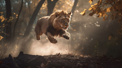Great lion running and jump in the forest. Animal wildlife in the nature concept.