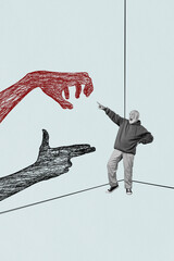 Sketch image trend artwork composite 3D photo collage of blue color backdrop aged man scared two huge hands danger endanger shoot pistol