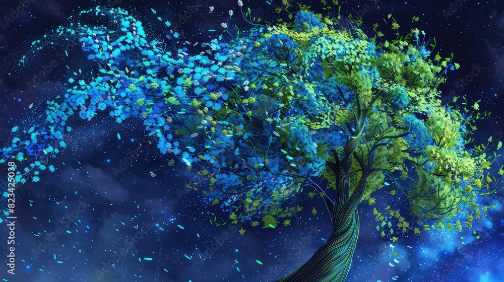 Poster a dynamic and colorful depiction of lemon color and blue color tree tree illustration isolated on da