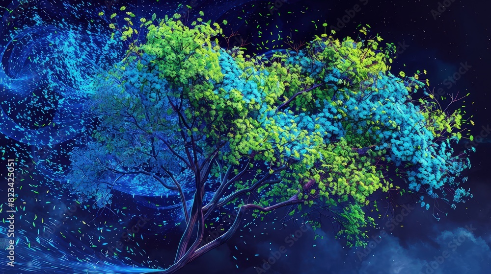 Poster a dynamic and colorful depiction of lemon color and blue color tree tree illustration isolated on da