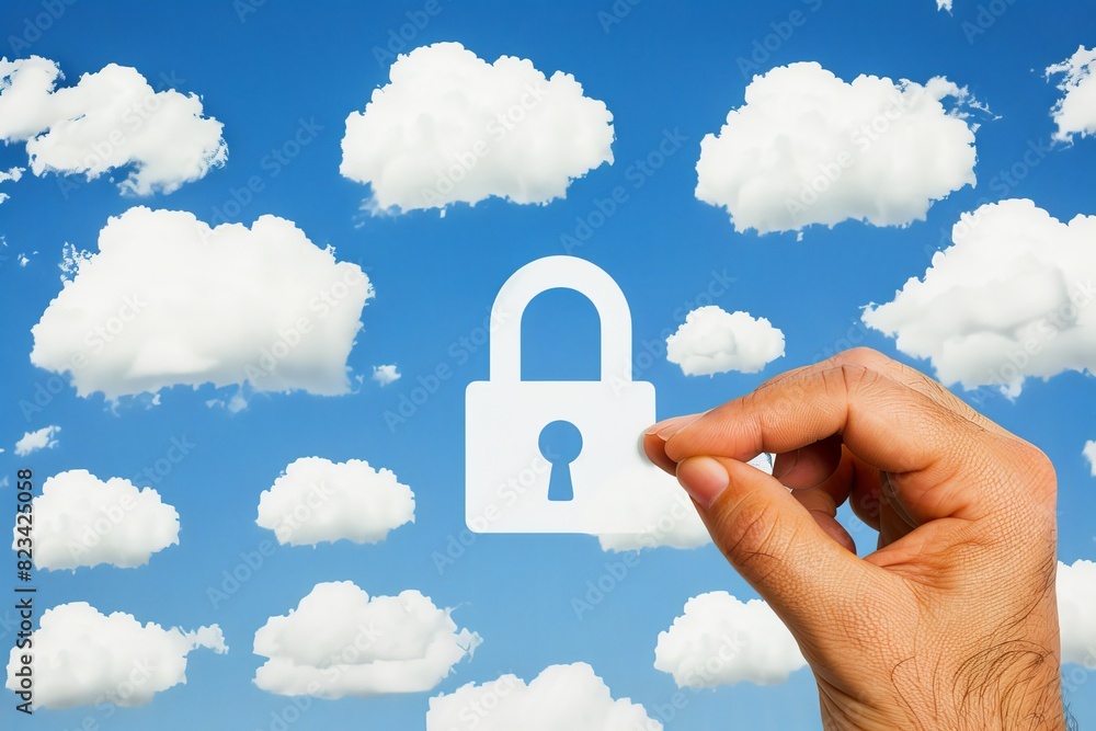 Poster digital security concept with a white cloud and padlock on a blue sky background symbolizing secure 