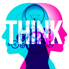 Two overlapping human heads face opposite directions with a light bulb and interlocking gears symbolizing thought processes, innovation, idea generation, and brainstorming.
