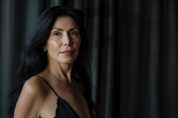 Fototapeta premium Portrait of a woman with long black hair, wearing a black top, looking confident, blurred background