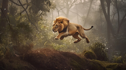 Great lion running and jump in the forest. Animal wildlife in the nature concept.
