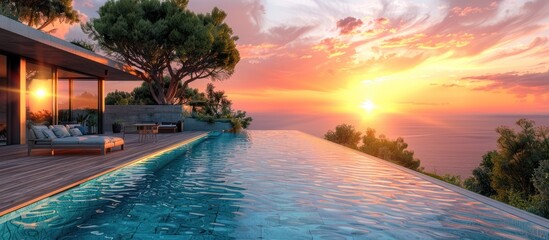 Swimming pool with wooden deck at sunset