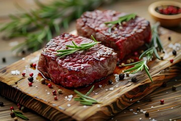 Juicy Prime Rib eye Steaks on Rustic Handcrafted Wooden Board with Fragrant Rosemary and Multicolored Peppercorns