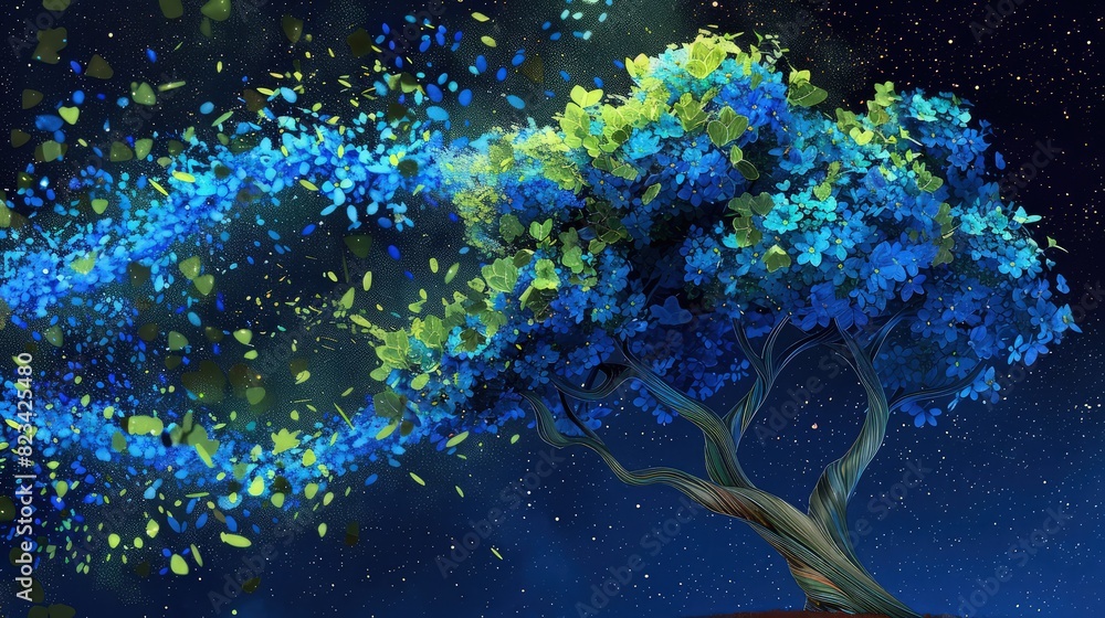 Poster a dynamic and colorful depiction of lemon color and blue color tree tree illustration isolated on da