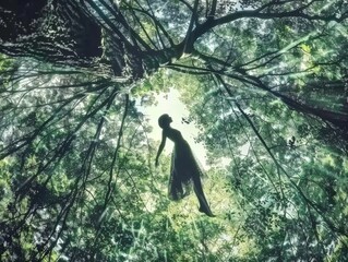 A person standing in the center of a dense forest filled with tall trees and green foliage.