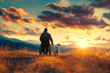 A man in a wheelchair takes a walk with his dog during a beautiful sunset