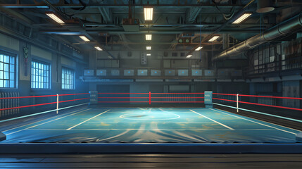 empty professional lit  boxing matches training session ring arena with spotlight, Combat Sports...