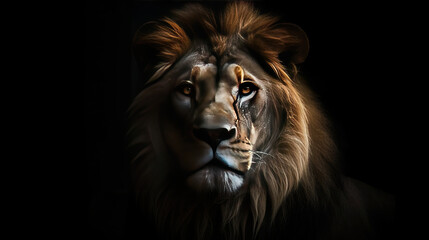 Close up of great lion head isolated in black background. Wildlife animal background concept.