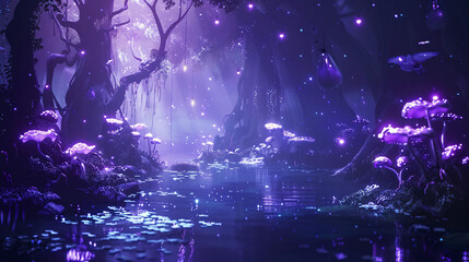 Enchanted forest with glowing mushrooms. Magical scene of a moonlit forest with glowing mushrooms and a tranquil pond.