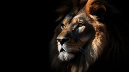 Close up of great lion head isolated in black background. Wildlife animal background concept.