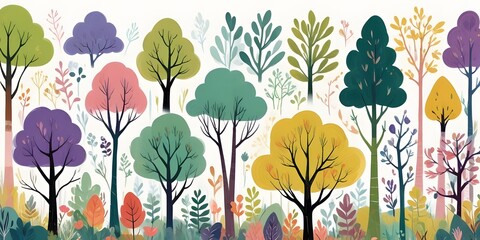 Doodle forest has cute nature elements. Funny tree and bush, leaves and berries. Autumn eco-green graphicc