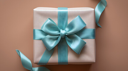 Elegant Polka Dot Gift Box with Pastel Blue Ribbon on a Pink Background