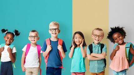 Cheerful group of diverse young children with backpacks, ready for school, standing against vibrant, colorful background.