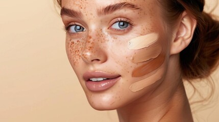 Fototapeta premium A closeup magazine cover photo of a woman with a variety of foundation tones on her cheek, capturing her serene expression and flawless skin against a bright, simple background