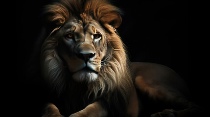 Close up of great lion head isolated in black background. Wildlife animal background concept.