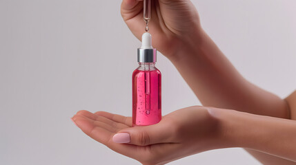 Elegant Hand Holding a Dropper with Pink Serum on White Background