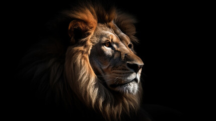 Close up of great lion head isolated in black background. Wildlife animal background concept.