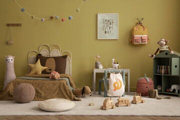 Warm and cozy child room interior with mock up poster frame, braided bed, gray desk with chair, wooden block toys, star pillow, plush dog, beige rug and personal accessories. Home decor. Template.