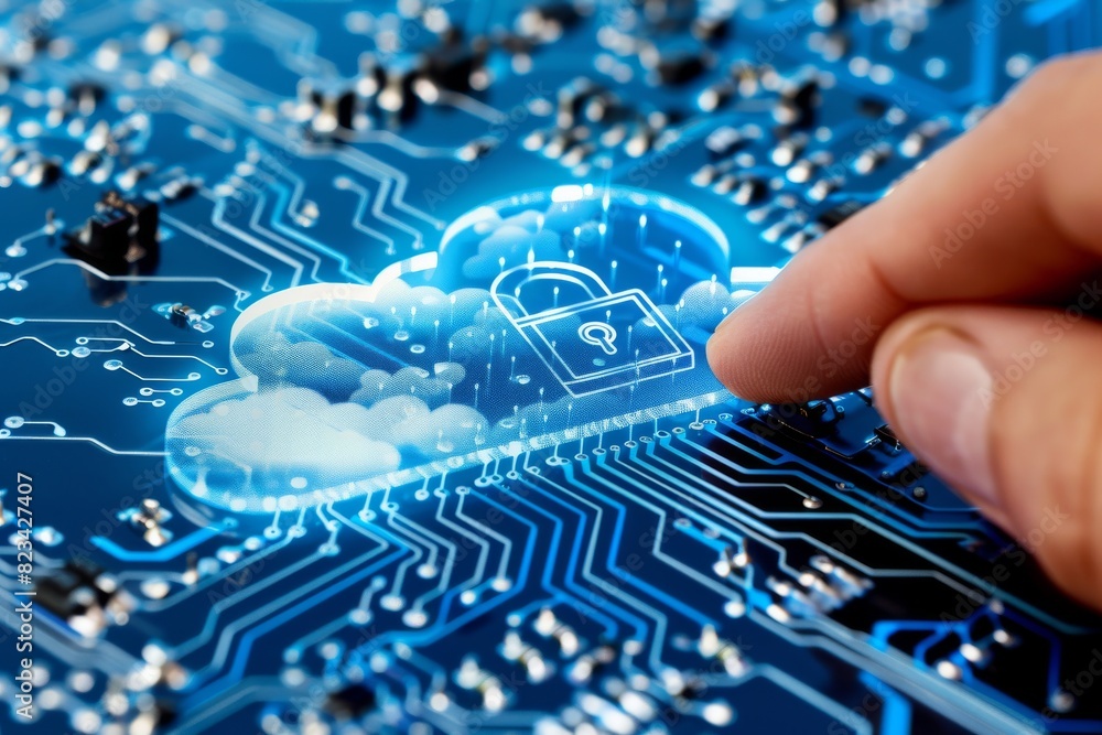 Poster digital cloud security concept with a hand interacting with a padlock icon on a circuit board backgr