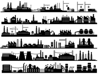 Factory and industrial area landscape silhouette design vector illustration collection