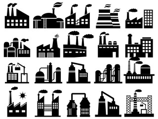 Factory buildings flat vector icon collection