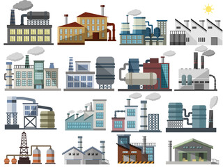 Factory buildings flat vector color icon collection