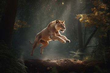 Great lion running and jump in the forest. Animal wildlife in the nature concept.