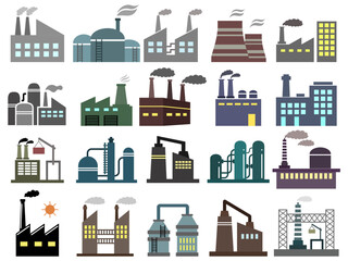 Factory buildings flat vector color icon collection