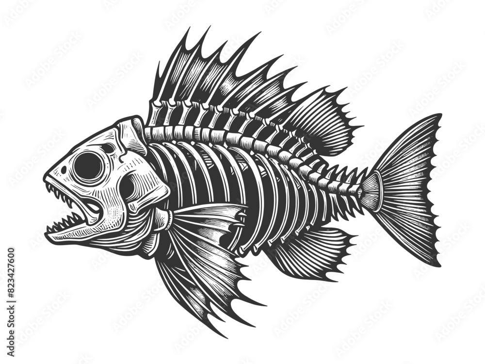 Aufkleber fish skeleton, showcasing intricate bone structure and sharp teeth sketch engraving generative ai ve