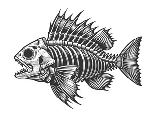 fish skeleton, showcasing intricate bone structure and sharp teeth sketch engraving generative ai vector illustration. Scratch board imitation. Black and white image.