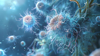 3D illustration of virus or bacteria cells. Virus or bacteria cells under microscope.