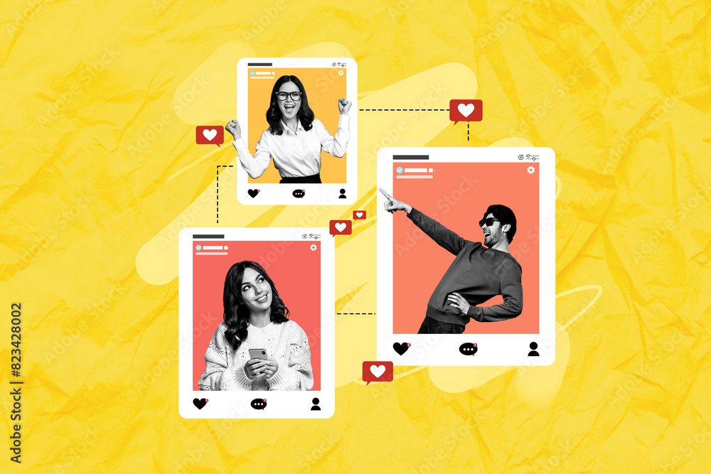 Poster 3d photo collage trend artwork sketch image of three young colleagues connection heart like share re