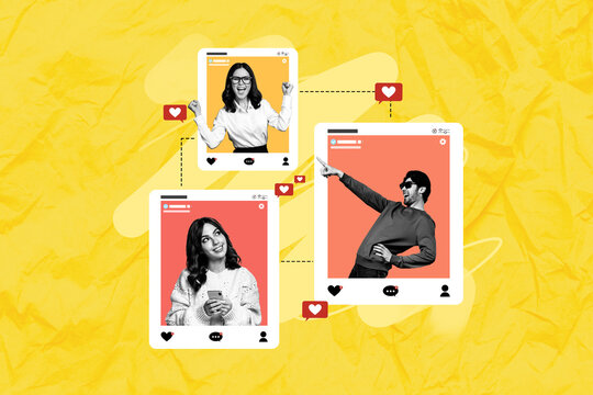 3D photo collage trend artwork sketch image of three young colleagues connection heart like share repost app website network social media
