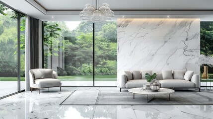 Modern luxury white living room with marble tile floor and glass chandelier nature view background.