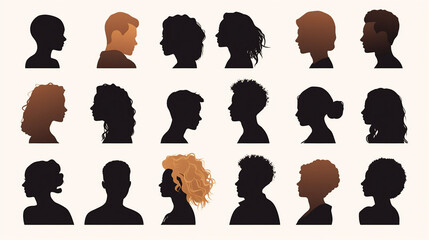 Diverse Women Silhouette Portraits Collection: Hand-Drawn Vector Illustrations of Beautiful Girls with Hairstyles and Vignettes for Invitations and Postcards