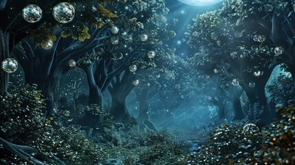 A fantasy forest in night with casting a glowing effect with glowing lights hanging son tree  