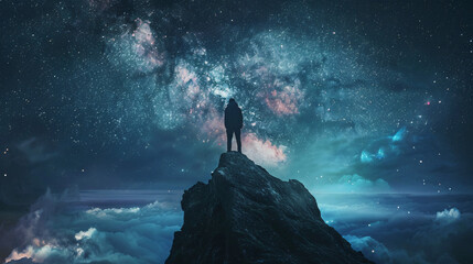 Man standing on mountain peak under starry sky. Silhouette of a man standing on a mountain peak, looking at the Milky Way galaxy in a starry night sky.