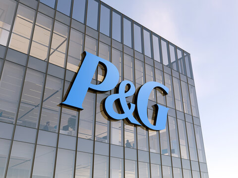 Cincinnati, OH, USA. May 2, 2024. Editorial Use Only, 3D CGI. Procter & Gamble Signage Logo on Top of Glass Building. Workplace Corporation Company Office Headquarters.