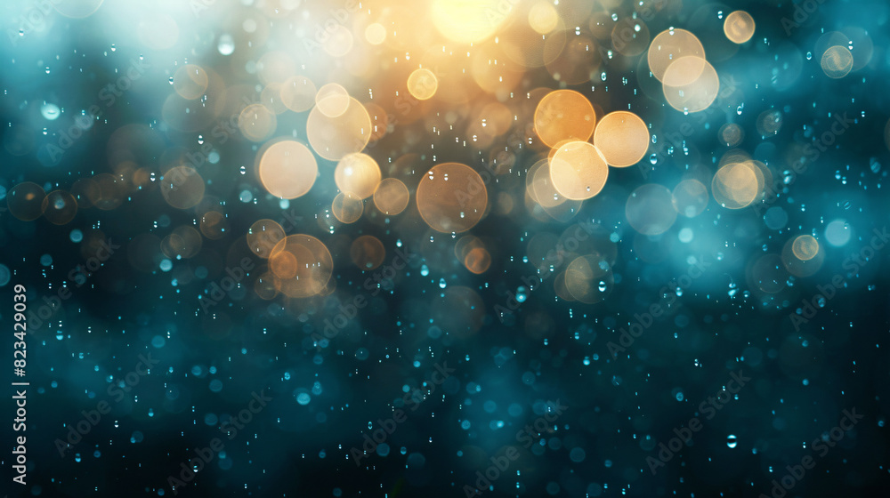 Poster golden bokeh rain drops background. abstract background of golden bokeh lights and rain drops, creat
