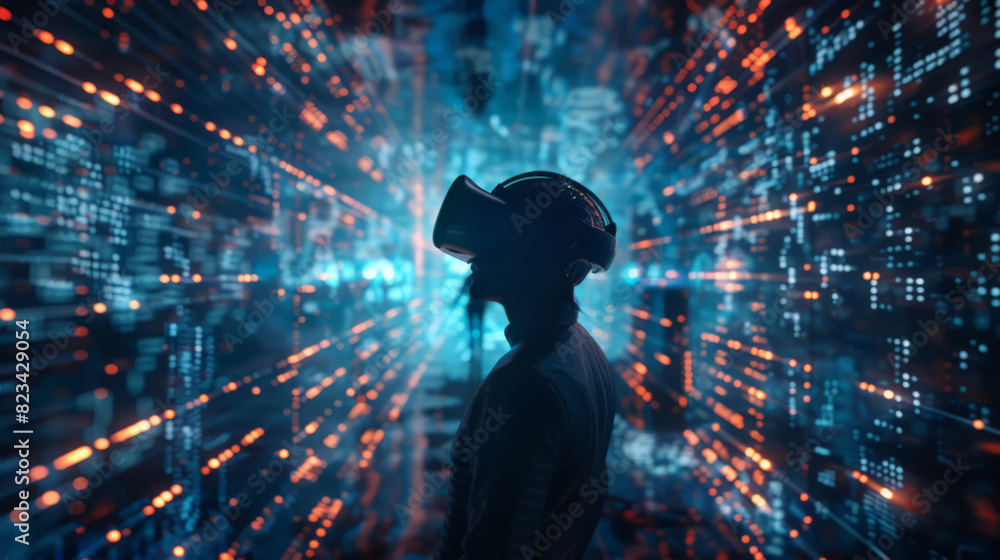 Poster a person navigates the metaverse, experiencing a futuristic world where blockchain technology ensure
