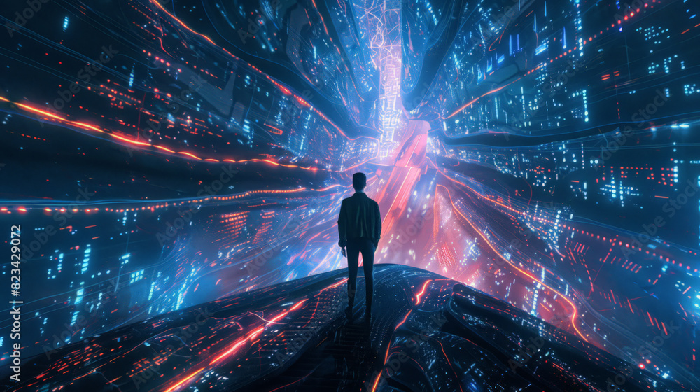 Poster a person navigates the metaverse, experiencing a futuristic world where blockchain technology ensure