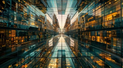 Symmetrical reflection of cityscape in glass windows for modern and futuristic designs