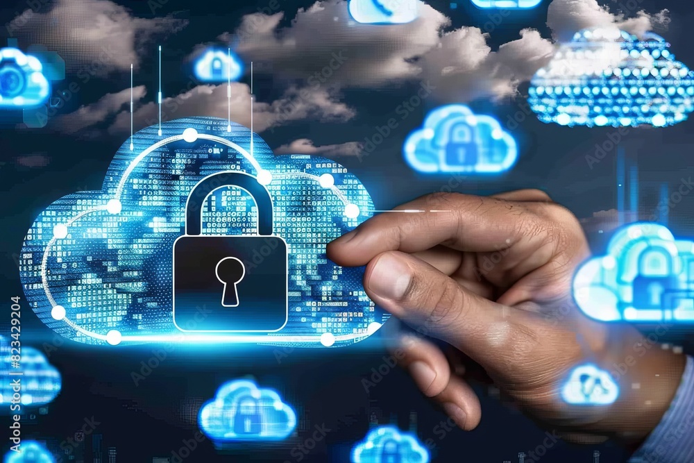 Poster secure cloud network with glowing padlocks, illustrating comprehensive data protection and advanced 