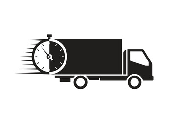 Silhouette of a truck with a stopwatch, fast and on-time delivery, isolated on a white background.