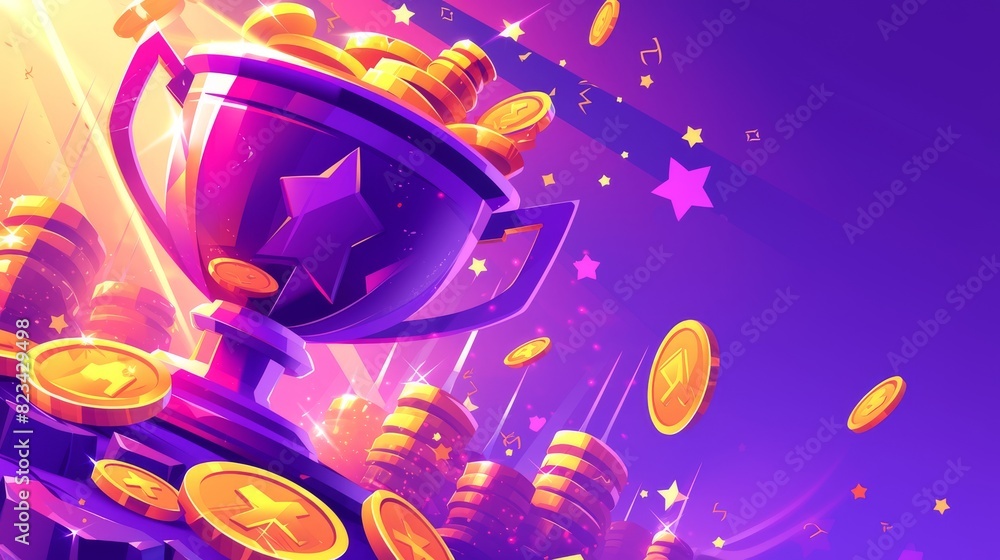 Poster in tournament or competition with gold coin on purple background, victory interface template with wi